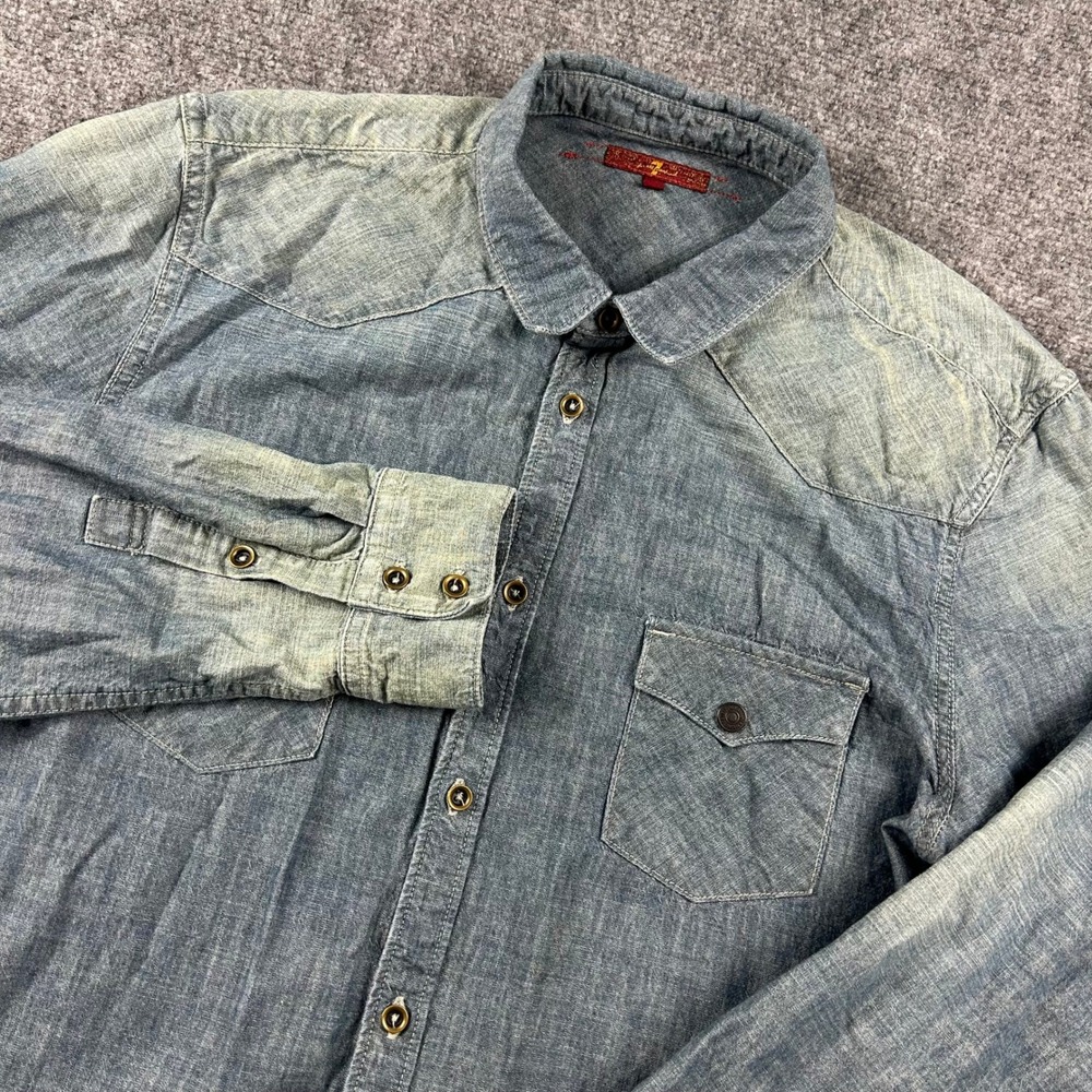 7 For All Mankind Western Shirt Mens L Blue Chambray Denim Snap Button Down